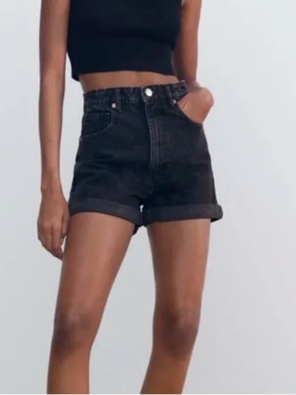 Zara Black High-Rise Rolled Hem Denim Shorts